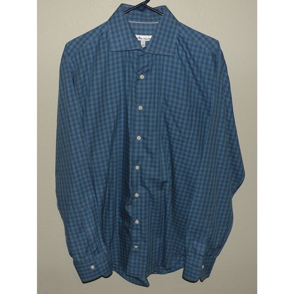 Peter Millar Crown Finish Men's Large LS Button Shirt Blue Check 100% Cotton